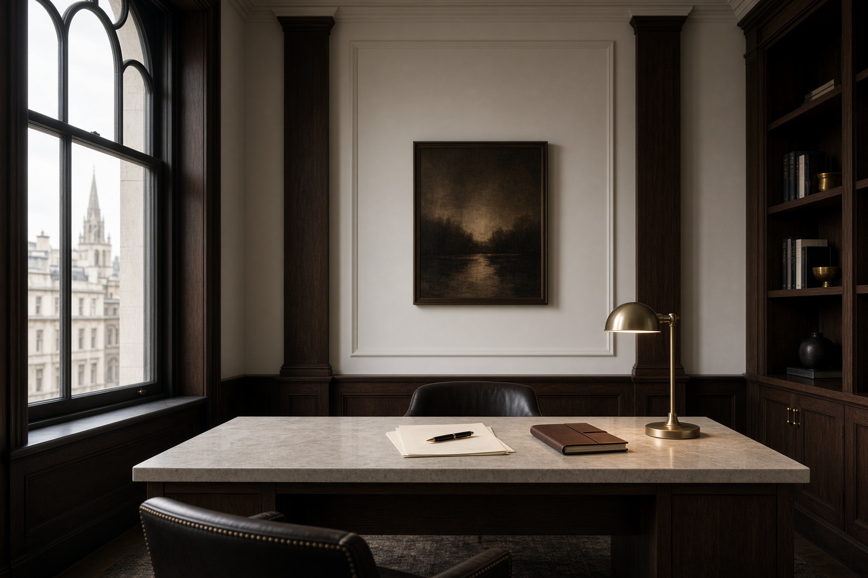 Quiet private office interior with walnut panelling and ivory paper